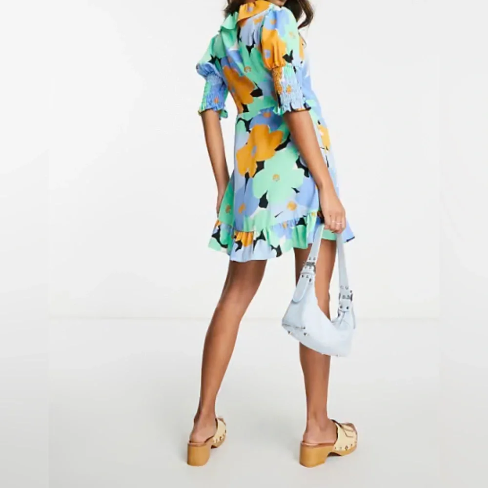 Topshop Blue Floral Print V-Neck Tie Waist Wrap Mini Dress US 12
